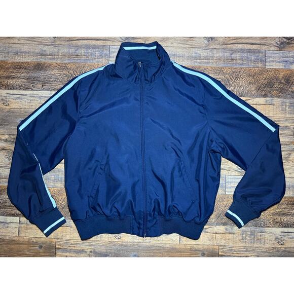 Large Ralph Lauren Navy Track Jacket Full Zip Striped Sleeve Retro - Picture 1 of 6